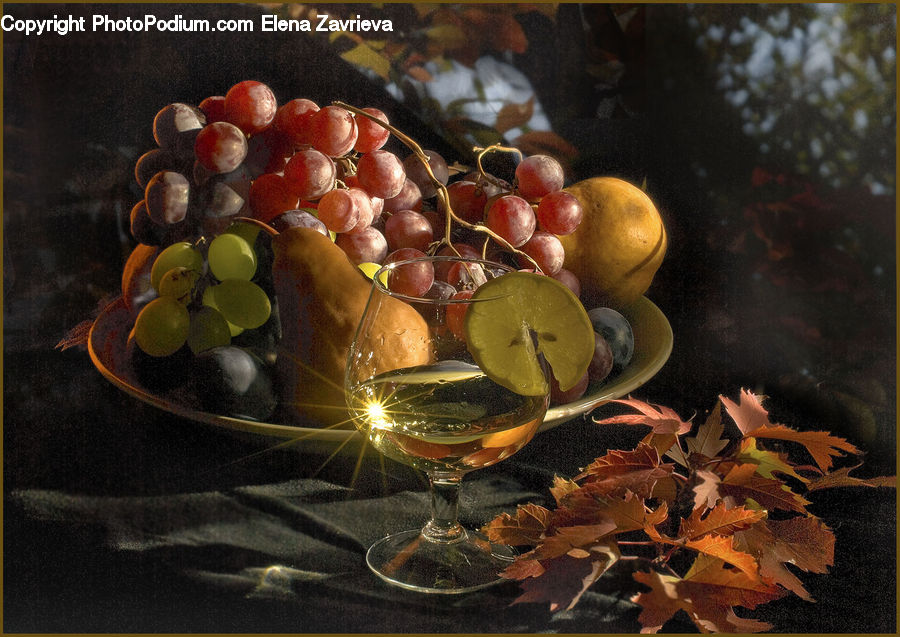 Fruit, Grapes, Paper, Glass, Goblet, Art, Maple