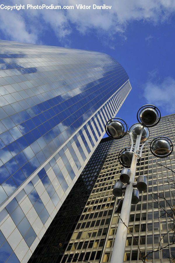 Building, City, High Rise, Lamp Post, Pole, Factory, Office Building
