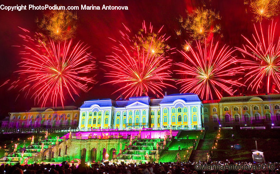 Fireworks, Night, Lighting, City, Downtown, Urban
