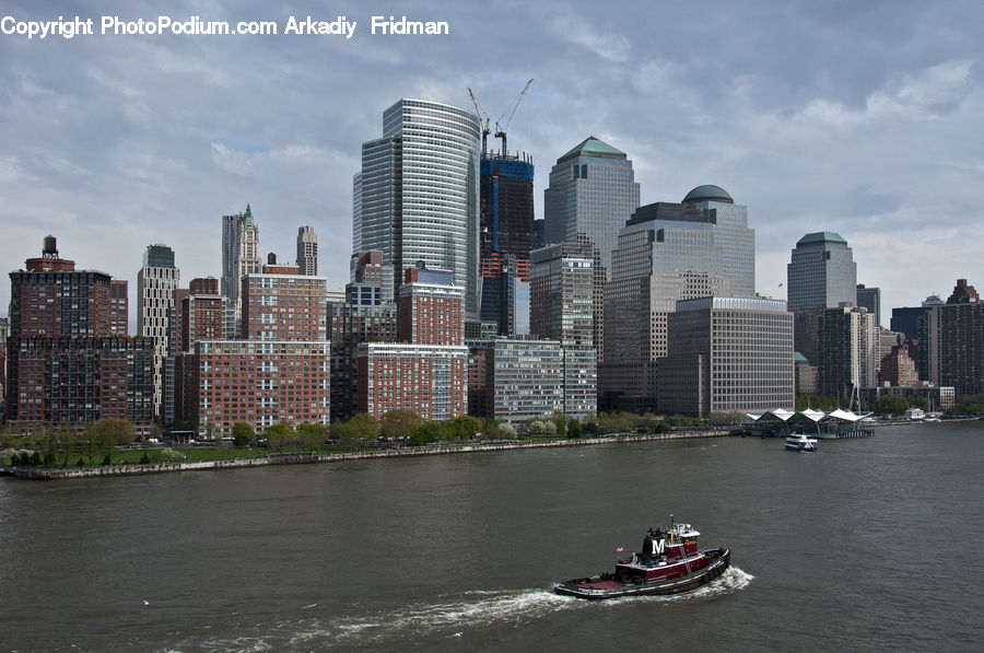 Barge, Boat, Tugboat, City, Downtown, Metropolis, Urban