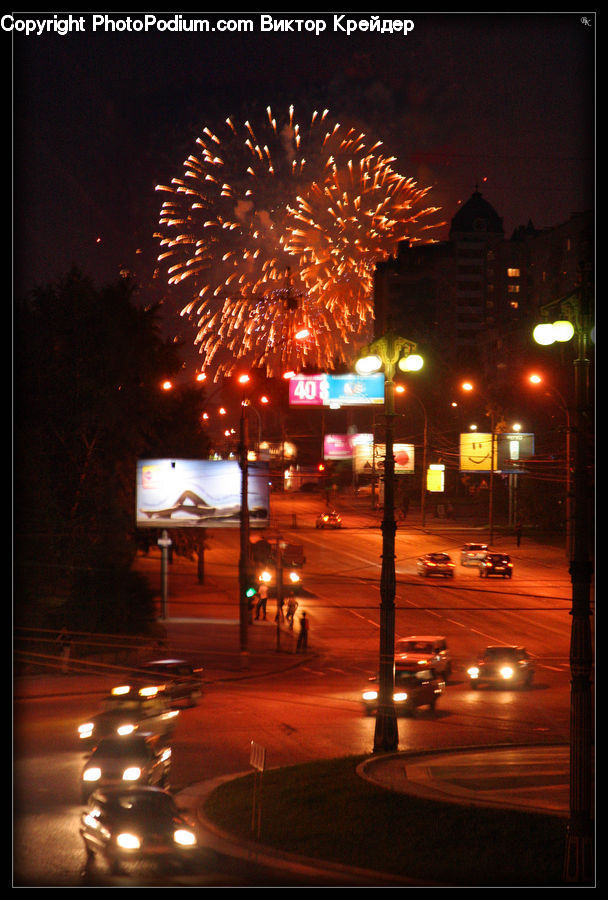 Fireworks, Night, Automobile, Car, Vehicle, City, Downtown