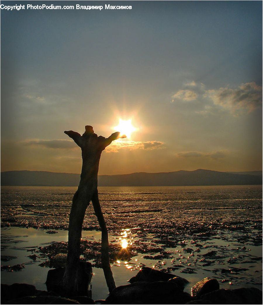 Lake, Outdoors, Water, Silhouette, Flare, Light, Sunlight
