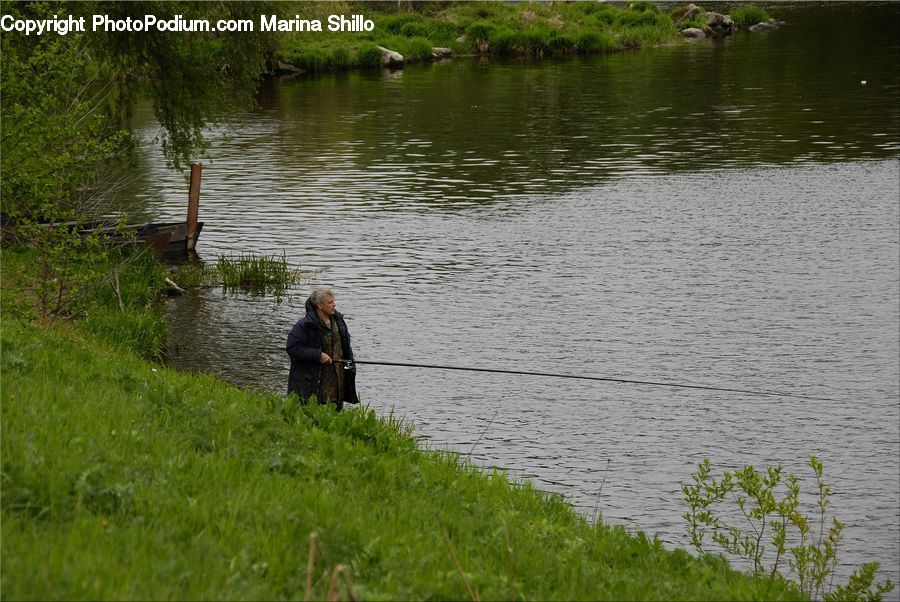Angler, Fishing, Person, Field, Grass, Grassland, Plant