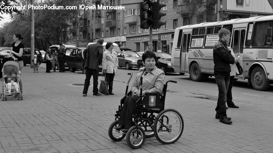 People, Person, Human, Stroller, Bus, Vehicle, Bicycle