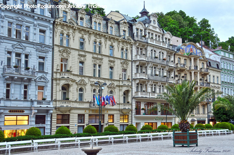 Architecture, Downtown, Plaza, Town Square, Building, Hotel, Bench