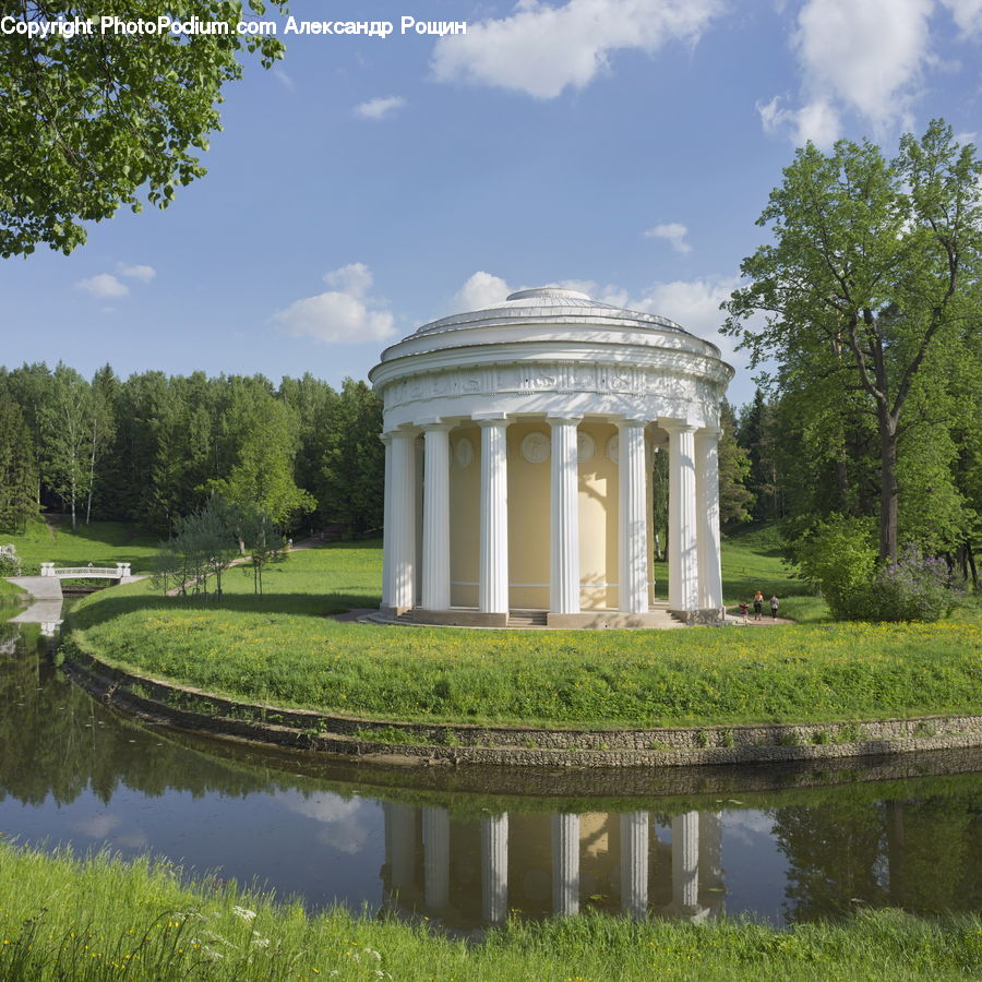 Gazebo, Outdoors, Pond, Water, Field, Grass, Lawn