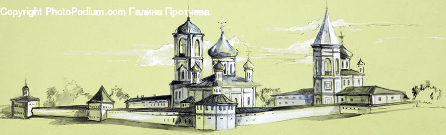 Drawing, Sketch, Architecture, Church, Worship, Art, Spire