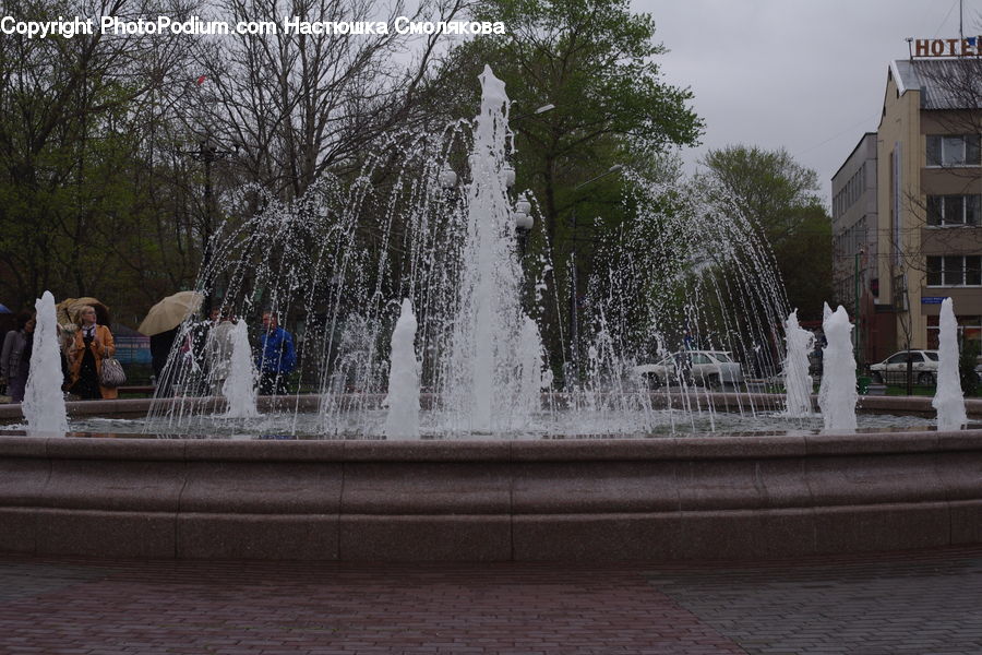 Fountain, Water, Bench, Building, Housing, Villa, Architecture
