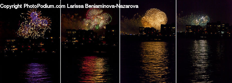Fireworks, Night, Outdoors, Carnival, Festival, Amusement Park, Water