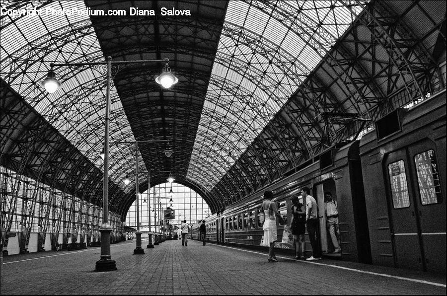 Canopy, Subway, Train, Train Station, Vehicle, Pedestrian, Person