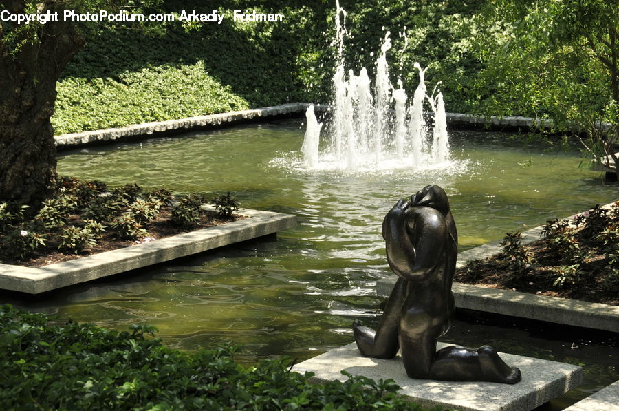 Fountain, Water, Art, Sculpture, Statue, Ivy, Plant