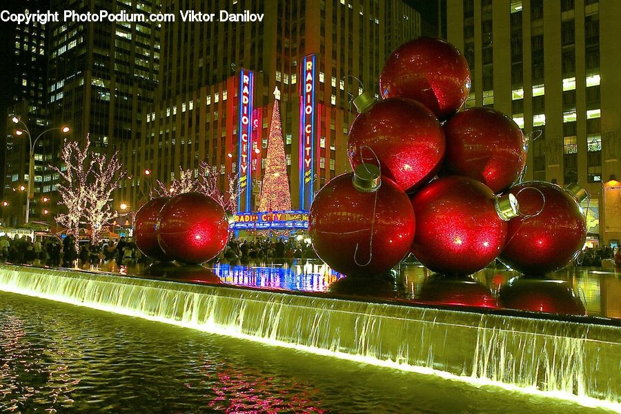 Apple, Fruit, Ornament, Lighting, Fountain, Water, City