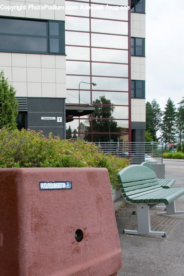 Bench, Boat, Watercraft, Building, Office Building