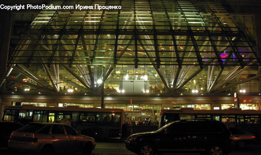 Automobile, Car, Vehicle, Bus, Architecture, Convention Center, Sedan
