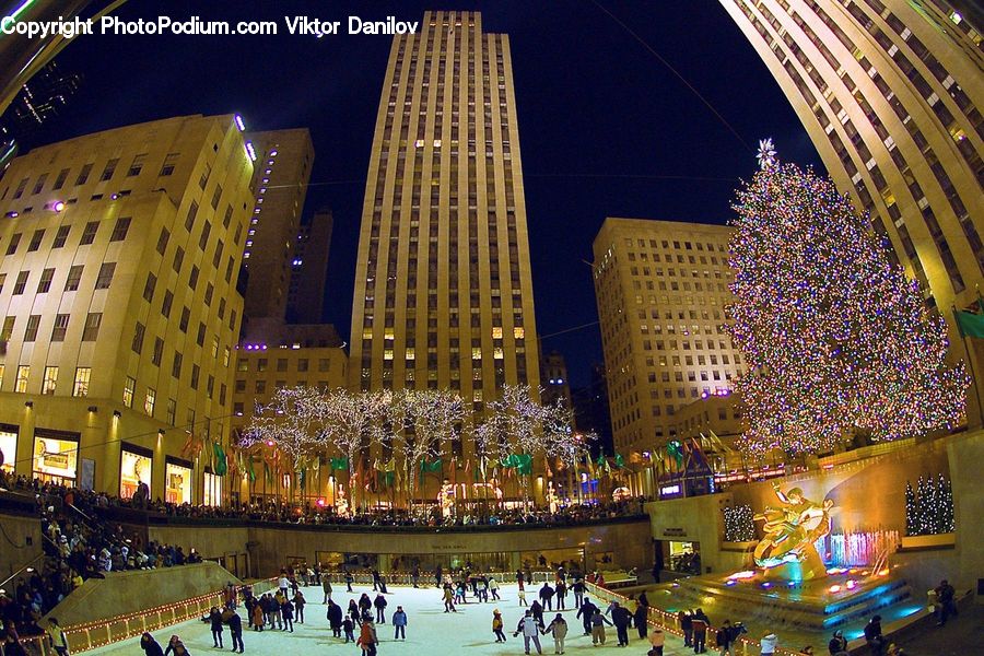 Ice Skating, Rink, City, Downtown, Metropolis, Urban, Crowd
