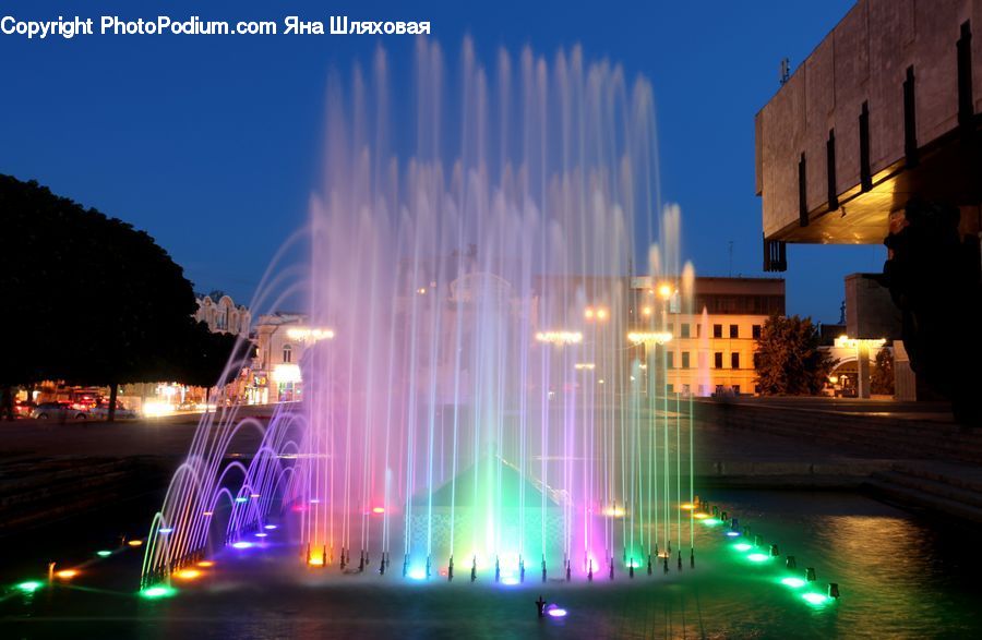 Fountain, Water, Pool, Gazebo, Lighting, City, Downtown