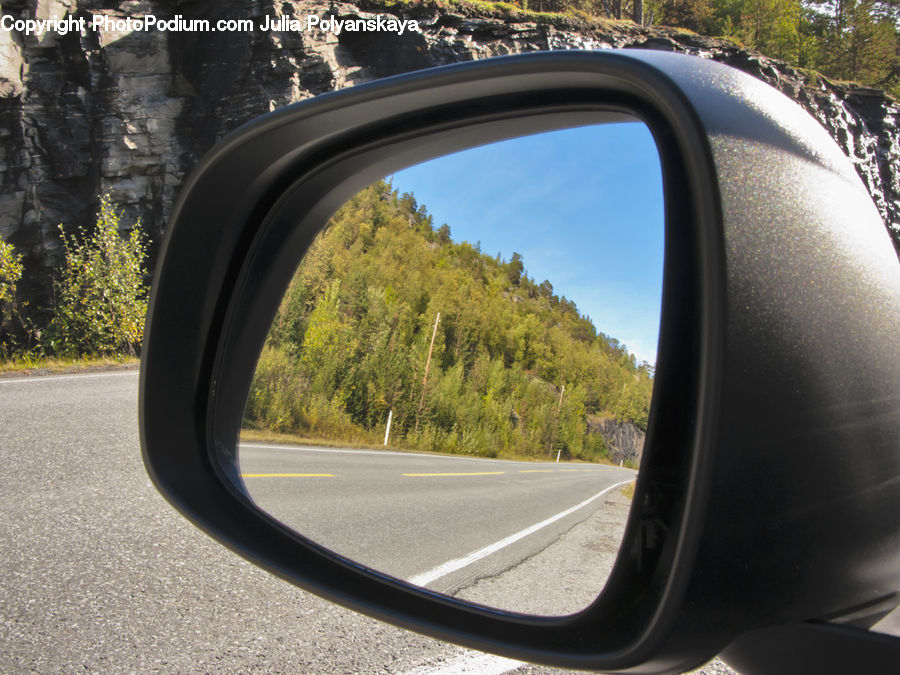 Car Mirror, Mirror, Outdoors, Pond, Water, Rock, Oak