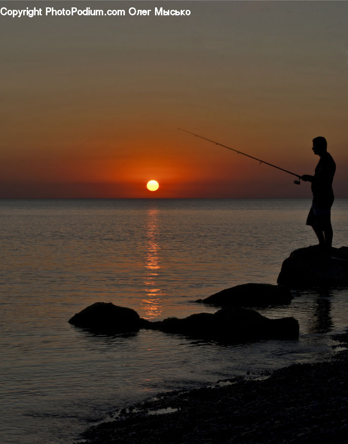 Silhouette, Leisure Activities, Outdoors, Ripple, Water, Fishing, Ocean