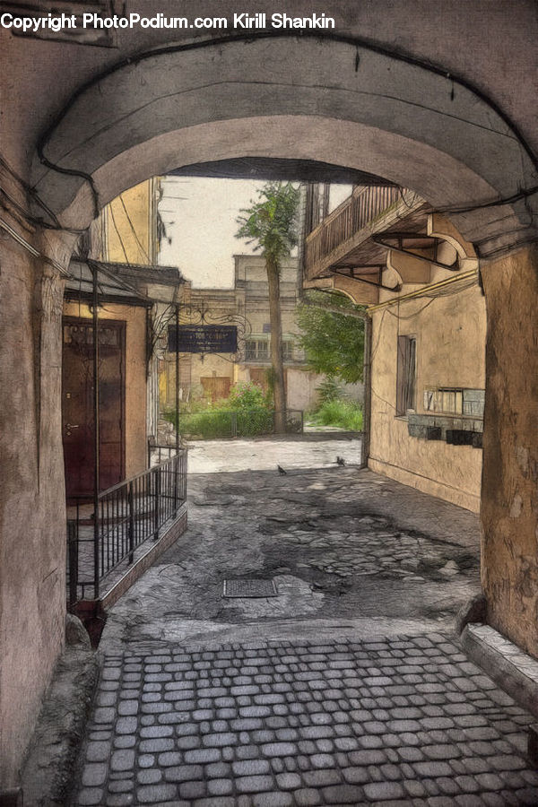 Cobblestone, Pavement, Walkway, Arch, Gate, Plant, Potted Plant