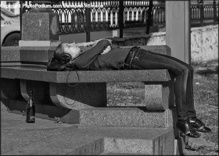 Asleep, Bench, Electronics, Headphones, Headset, Baby, Child