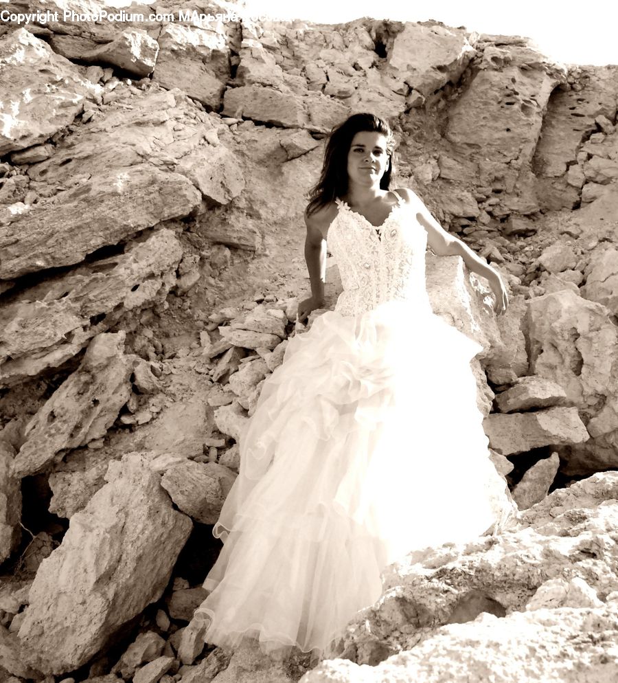 Rock, Female, Person, Evening Dress, Gown, Outdoors, Sand