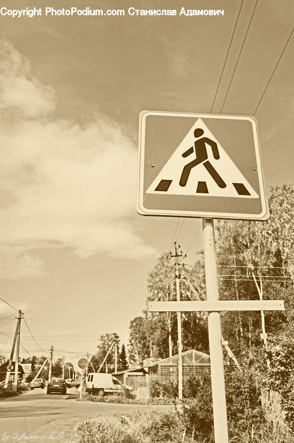 Sign, Pedestrian, Person, Housing, Mobile Home, Car, Wagon