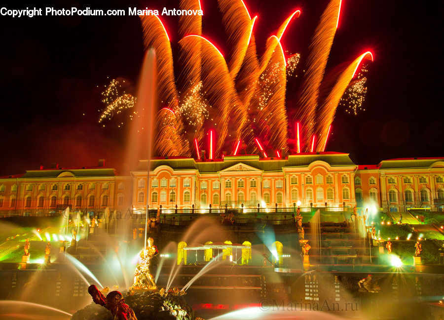 Fireworks, Night, Fountain, Water, City, Downtown, Metropolis