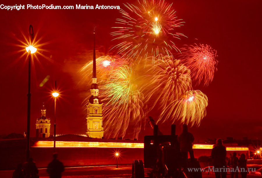 Fireworks, Night, Sun, Architecture, Spire, Steeple, Tower