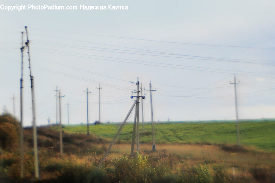 Cable, Electric Transmission Tower, Power Lines, Field, Grass, Grassland, Land