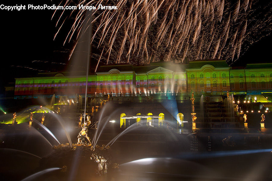 Fountain, Water, Fireworks, Night, Outdoors, City, Downtown