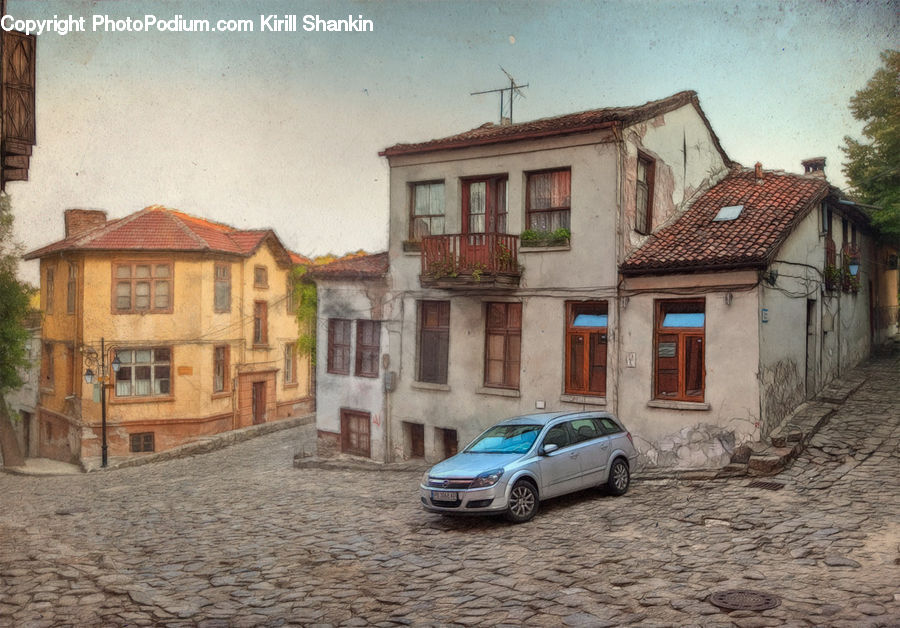 Cobblestone, Pavement, Walkway, Automobile, Car, Sedan, Vehicle