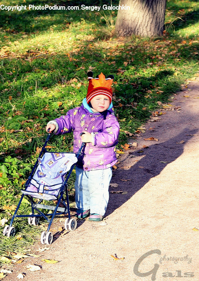 People, Person, Human, Stroller, Tree Trunk, Bicycle, Bike