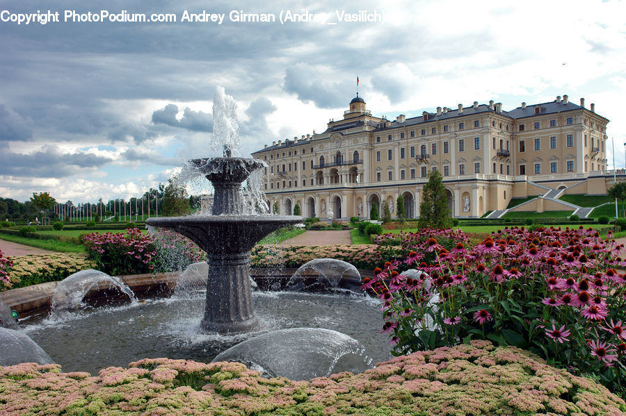 Fountain, Water, Plant, Potted Plant, Architecture, Castle, Mansion