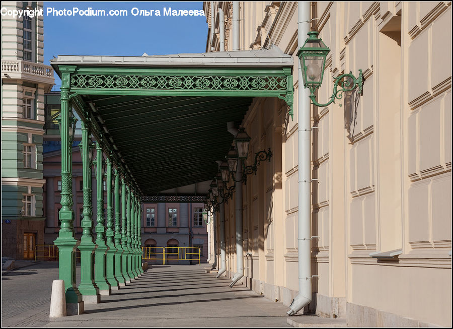 Bench, Building, Column, Pillar, Corridor, Downtown, Town