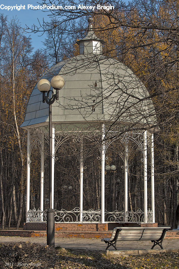 Bench, Gazebo, Lamp Post, Pole, Patio, Pergola, Porch