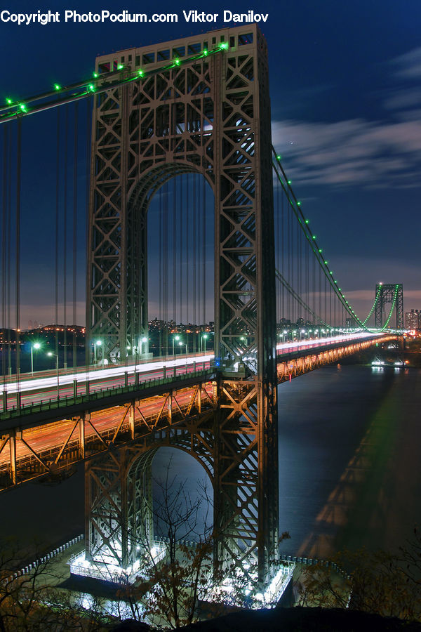 Bridge, Suspension Bridge, City, Downtown, Urban, Metropolis, Lighting