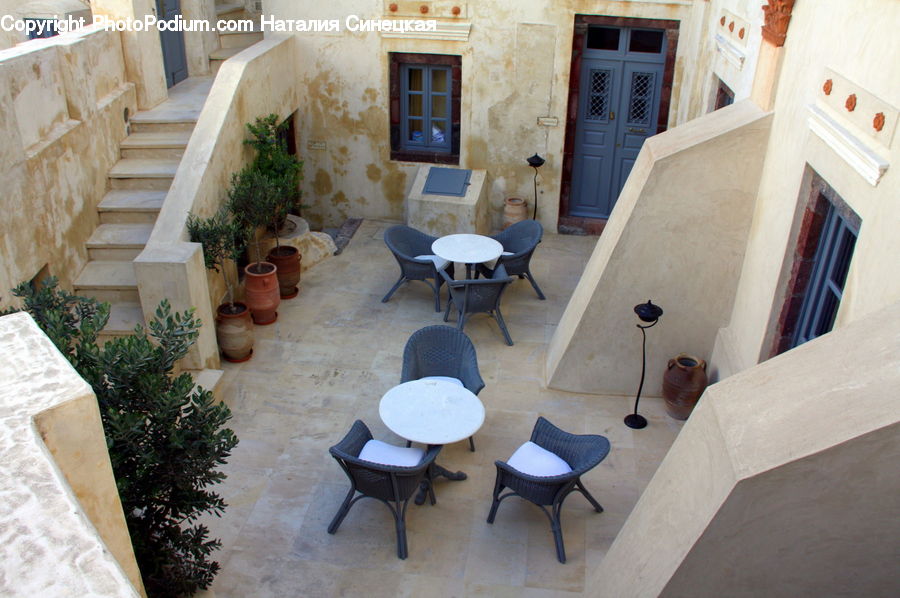 Chair, Furniture, Plant, Potted Plant, Patio, Pot, Pottery