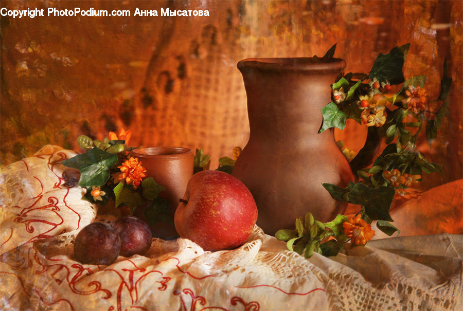 Plant, Potted Plant, Apple, Fruit, Glass, Goblet, Ivy