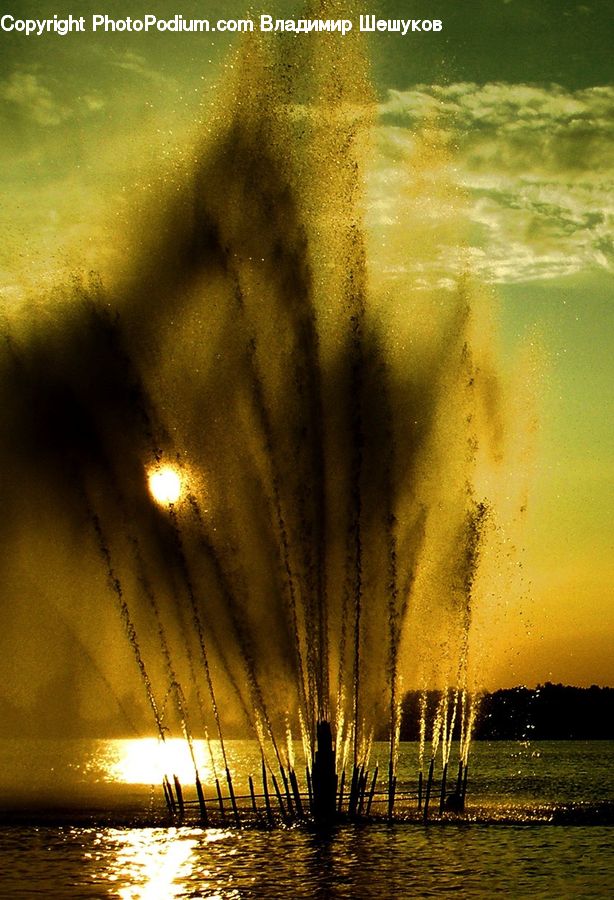 Fountain, Water, Field, Grass, Grassland, Plant