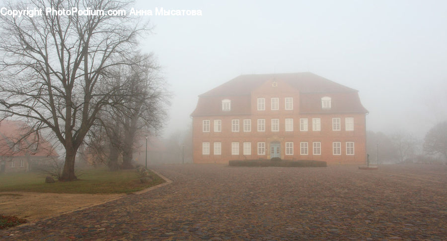 Fog, Mist, Outdoors, Building, Apartment Building, High Rise, Dirt Road