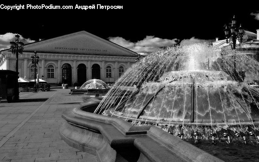 Fountain, Water, Lighting, City, Downtown, Building, Architecture
