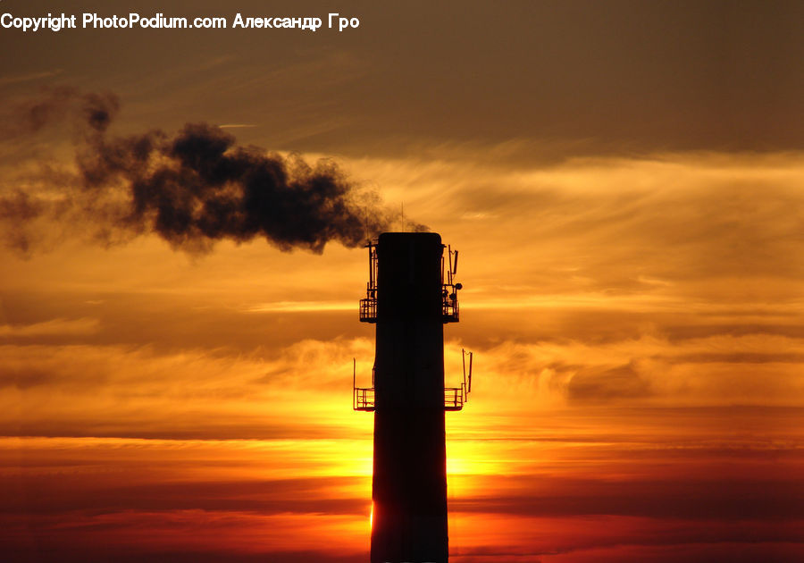 Silhouette, Beacon, Building, Lighthouse, Water Tower, Power Plant, Dawn