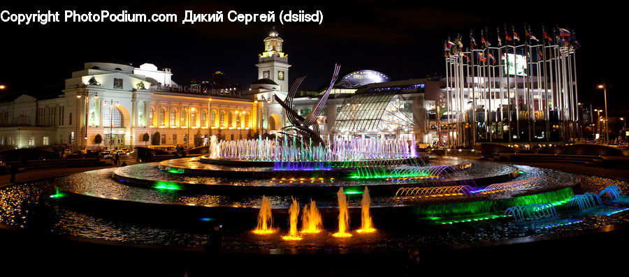 Fountain, Water, Architecture, Castle, Mansion, Palace, Night