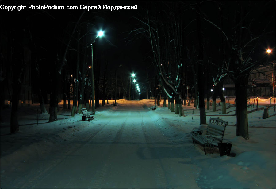 Night, Outdoors, Bench, Lighting, Road, Street, Town