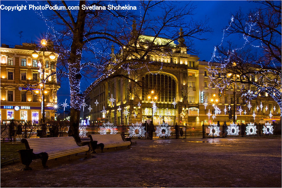 Bench, Chandelier, Lamp, Architecture, Downtown, Plaza, Town Square