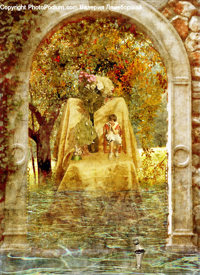 Fountain, Water, Art, Painting, Child, Kid, Baby