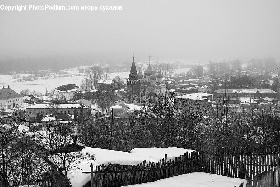 Building, Downtown, Town, Drawing, Sketch, Ice, Outdoors