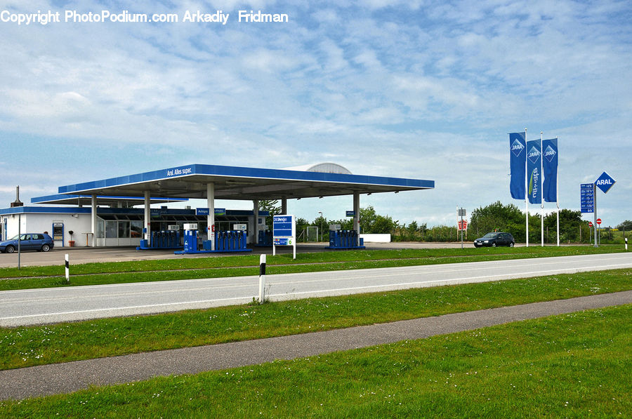 Emblem, Flag, Gas Pump, Gas Station, Banner, Building, Office Building