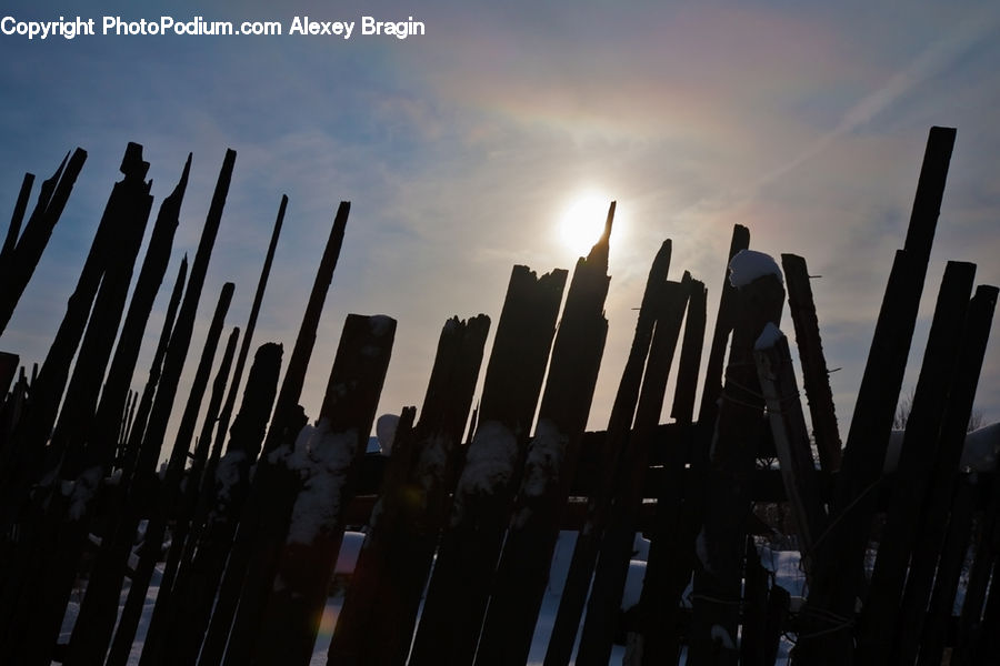 Fence, Flare, Light, Sunlight, Silhouette, City, Downtown