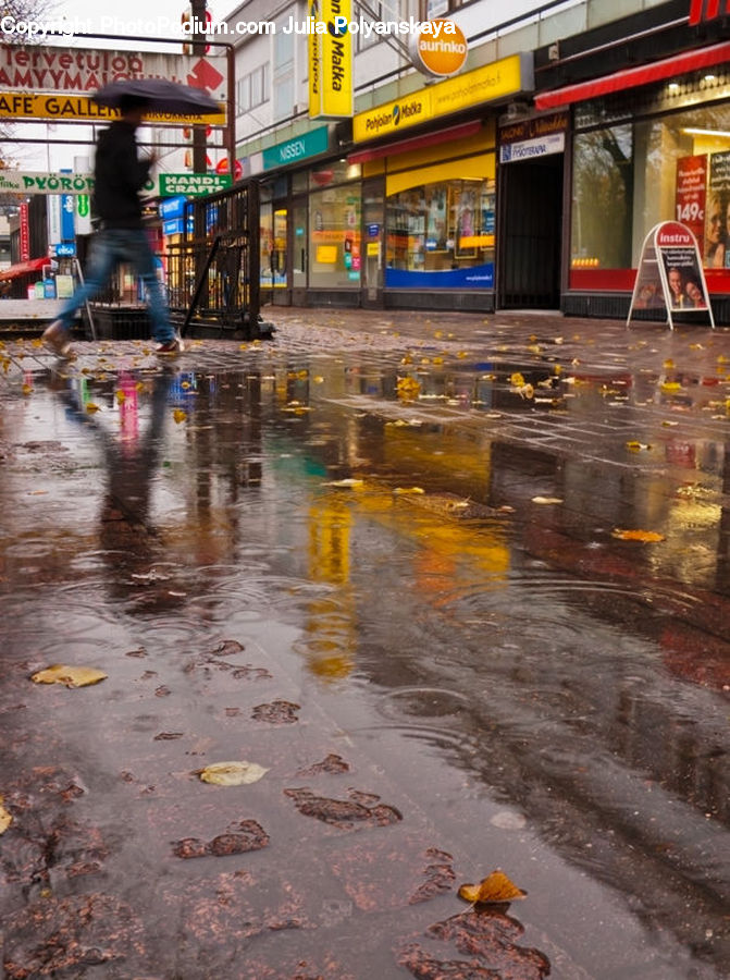 Puddle, Shop, City, Downtown, Urban, Intersection, Road